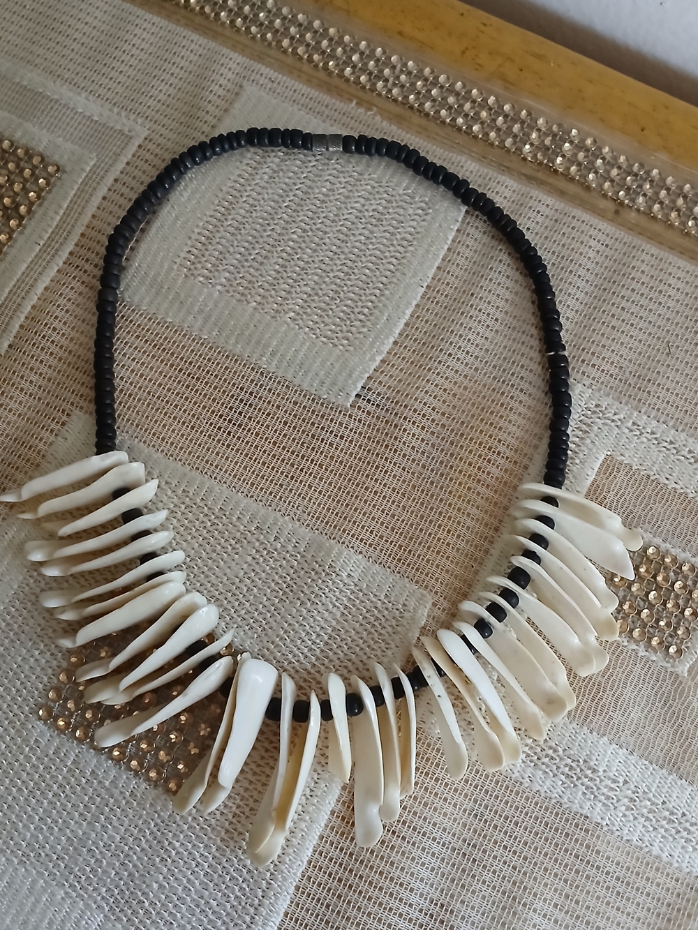 Shell Spike Necklace with Black Beads - White & Black Vintage